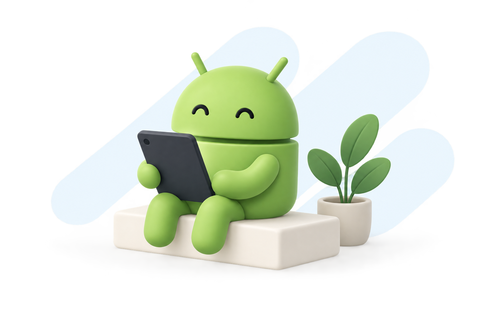 Robô Android verde sentado com um tablet, ao lado de uma planta.